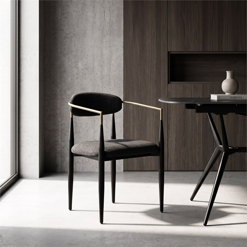 Buchtel - Mid-Century Modern Dark Grey + Gold Arm + Black Dining Chair