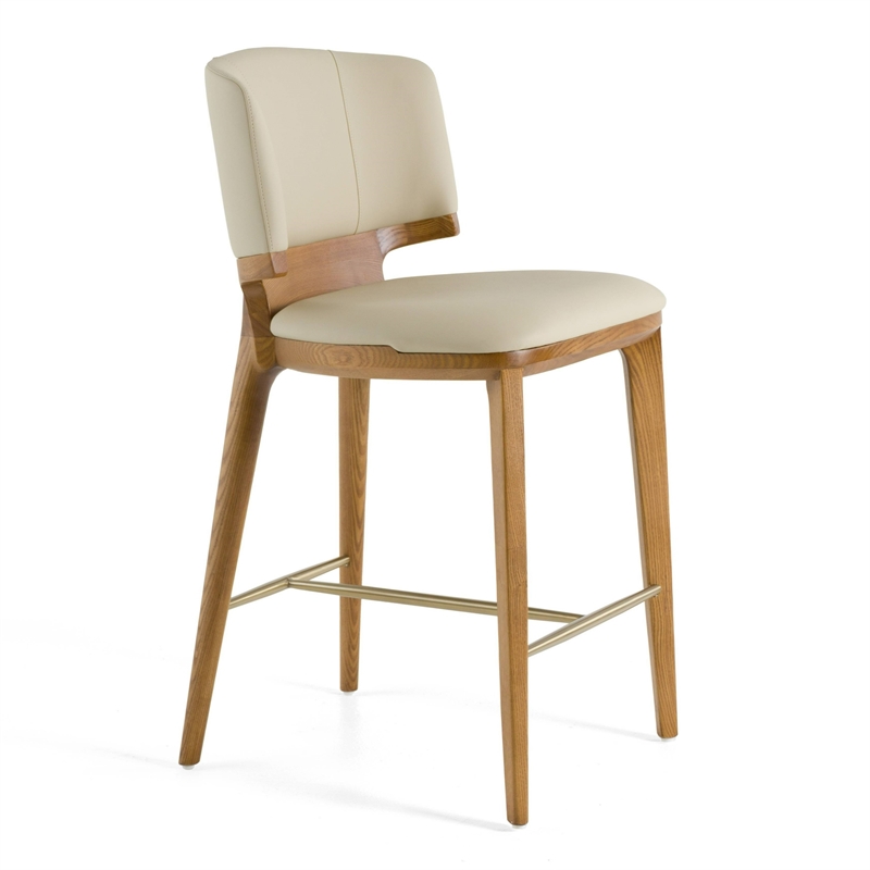 Calvary - Mid-Century Modern Beige Vegan Leather & Walnut Counter Chair