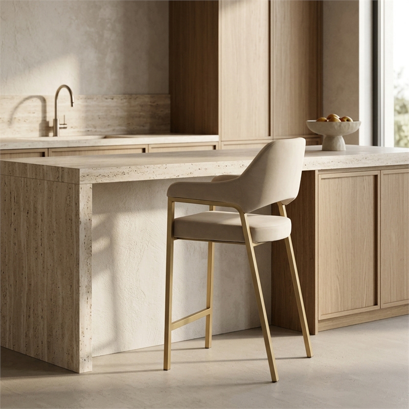 George - Modern Beige Fabric & Antique Brass Counter Chair