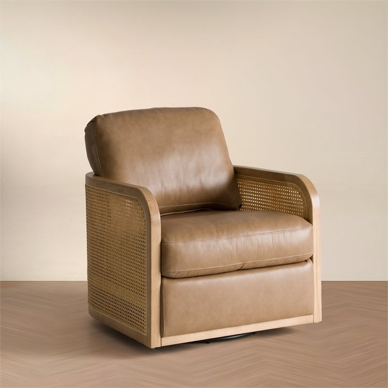Danson - Modern Tan Leather & Wicker Swivel Accent Chair