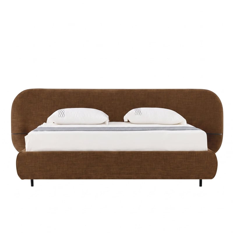 Braun - Modern Brown Fabric Bed w/ Glass Tables