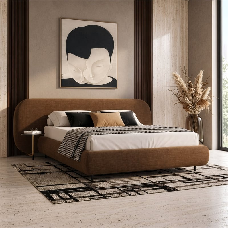 Braun - Modern Brown Fabric Bed w/ Glass Tables