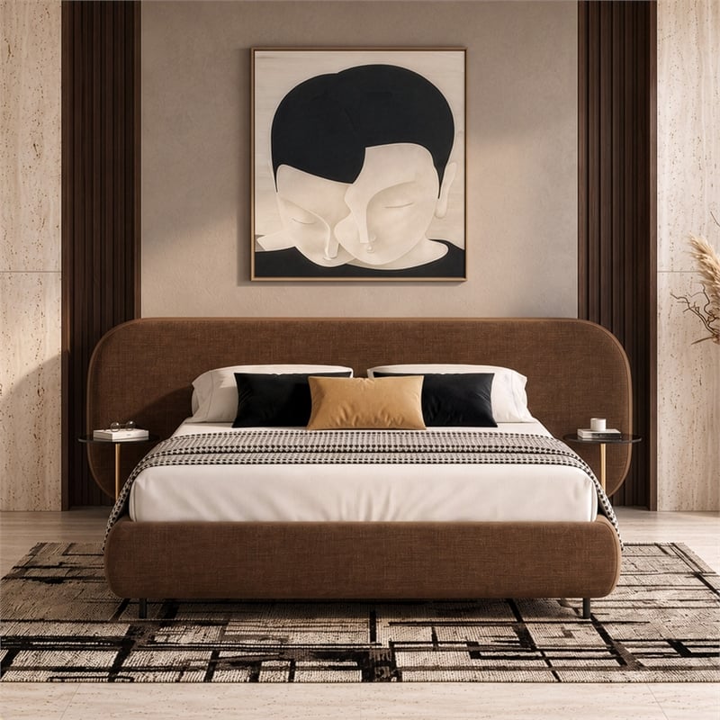 Braun - Modern Brown Fabric Bed w/ Glass Tables