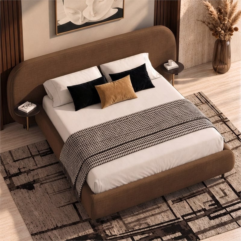 Braun - Modern Brown Fabric Bed w/ Glass Tables