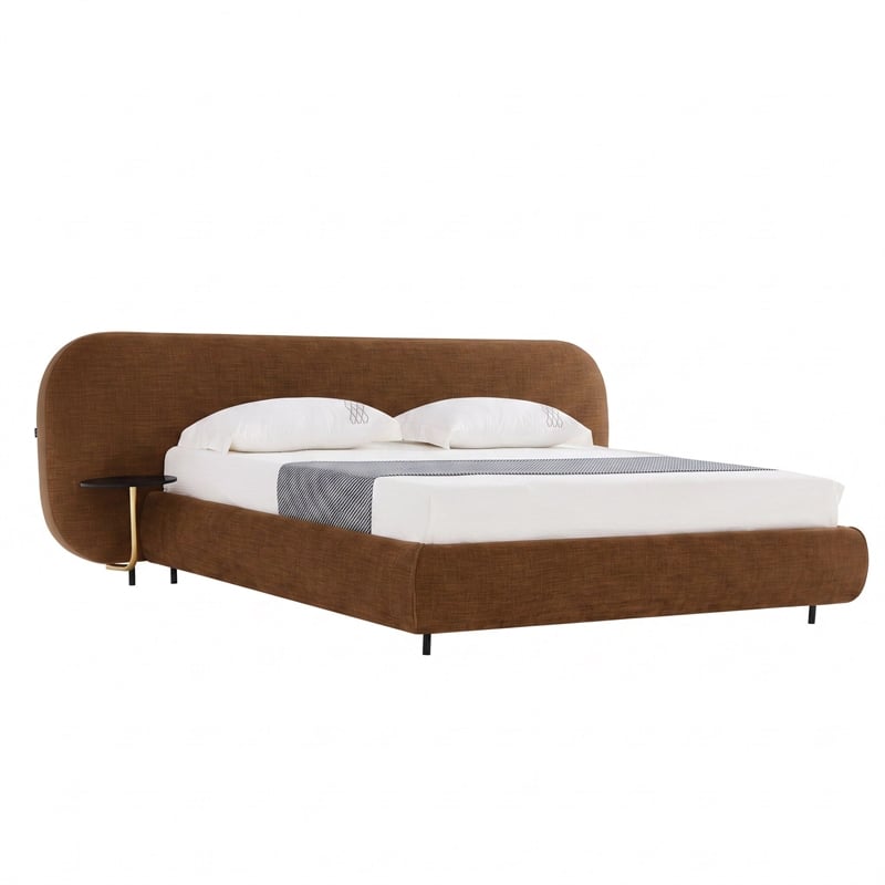 Braun - Modern Brown Fabric Bed w/ Glass Tables