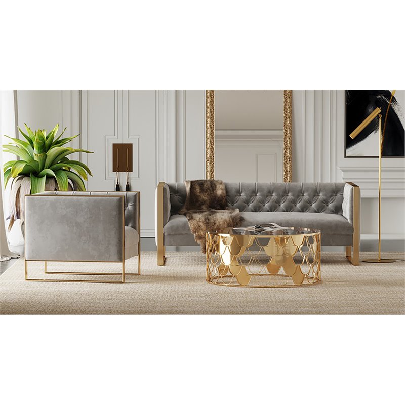 Divani Casa Carlos Modern Stainless Steel & Velvet Upholstered Sofa in Gray/Gold