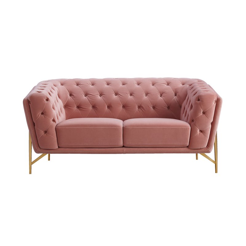 Divani Casa Aiken Modern Velvet & Metal Diamond Tufted Loveseat in Salmon Pink