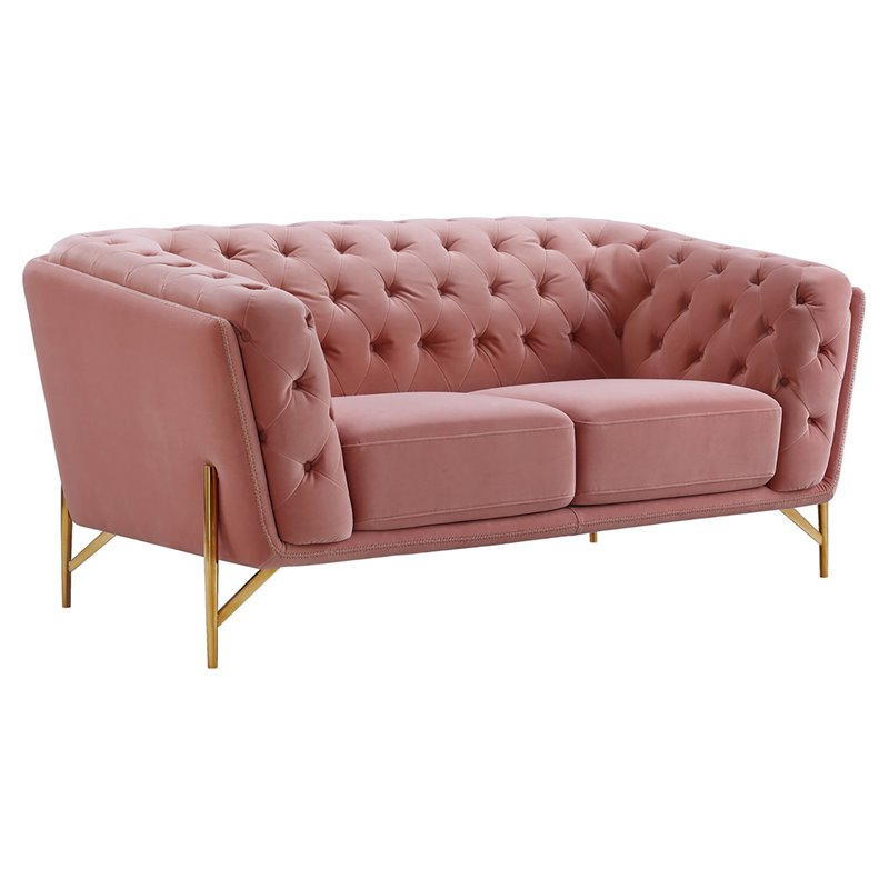 Divani Casa Aiken Modern Velvet & Metal Diamond Tufted Loveseat in Salmon Pink