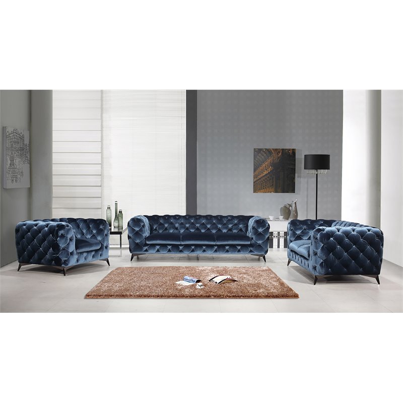 Divani Casa Delilah Modern Fabric & Stainless Steel Loveseat in Blue