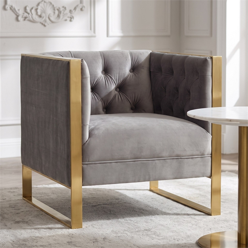 Divani Casa Carlos Modern Velvet & Stainless Steel Accent Chair in Gray/Gold