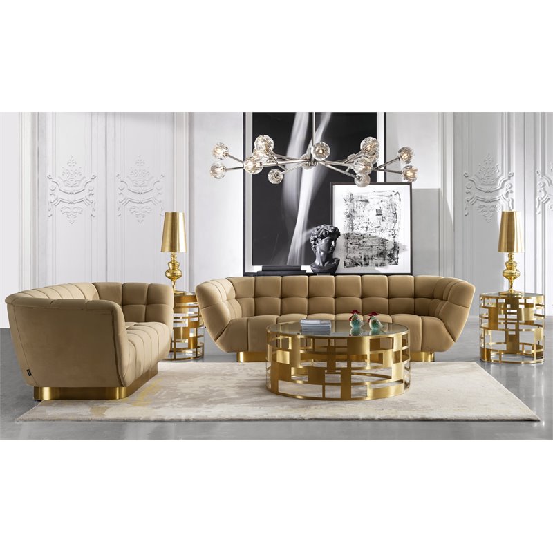 Divani Casa Granby Fabric & Stainless Steel Sofa in Mustard Yellow/Gold