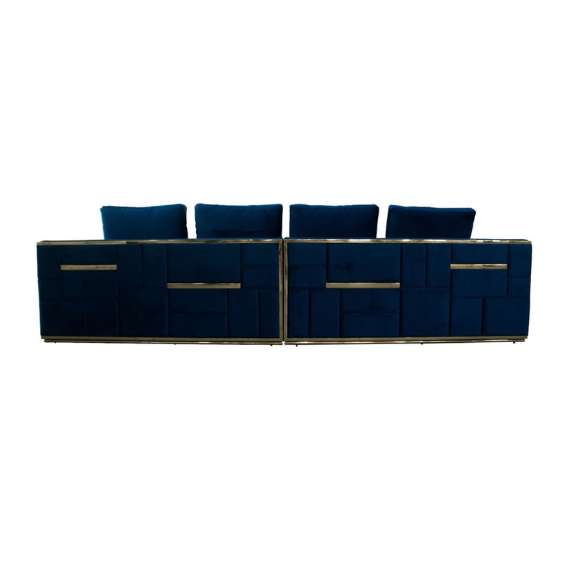 Divani Casa Mobray Velvet Fabric & Stainless Steel Sofa in Blue/Gold