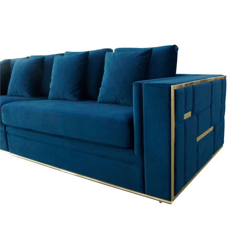 Divani Casa Mobray Velvet Fabric & Stainless Steel Sofa in Blue/Gold