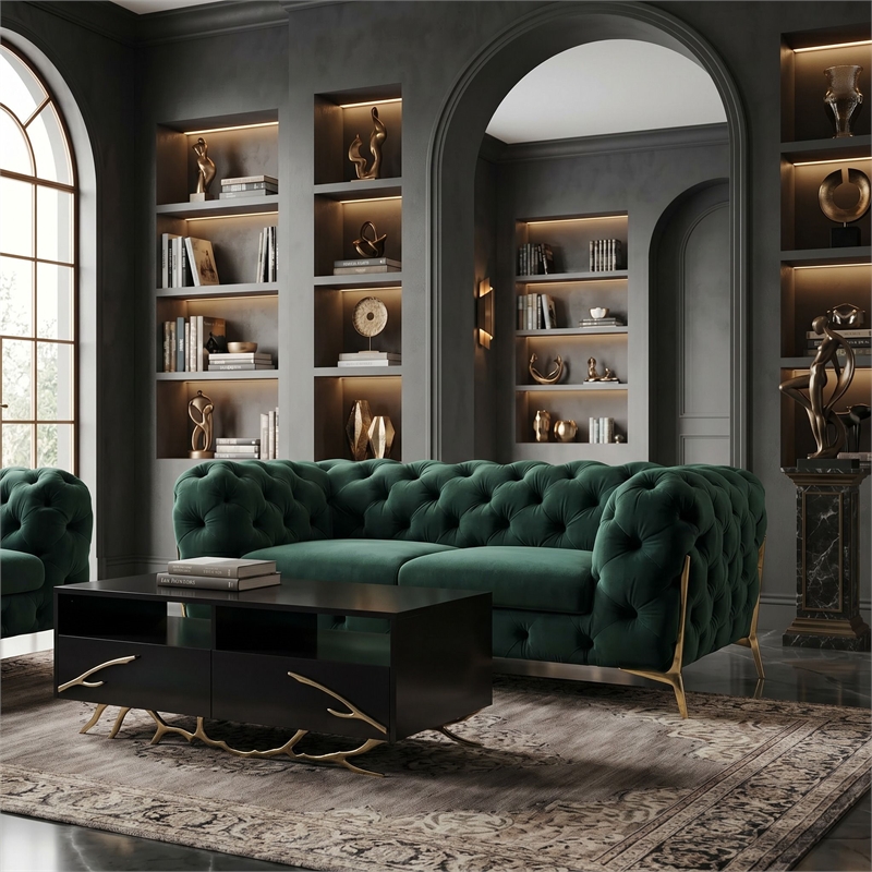 Divani Casa Sheila Transitional Velour Fabric Upholstered Loveseat Emerald Green