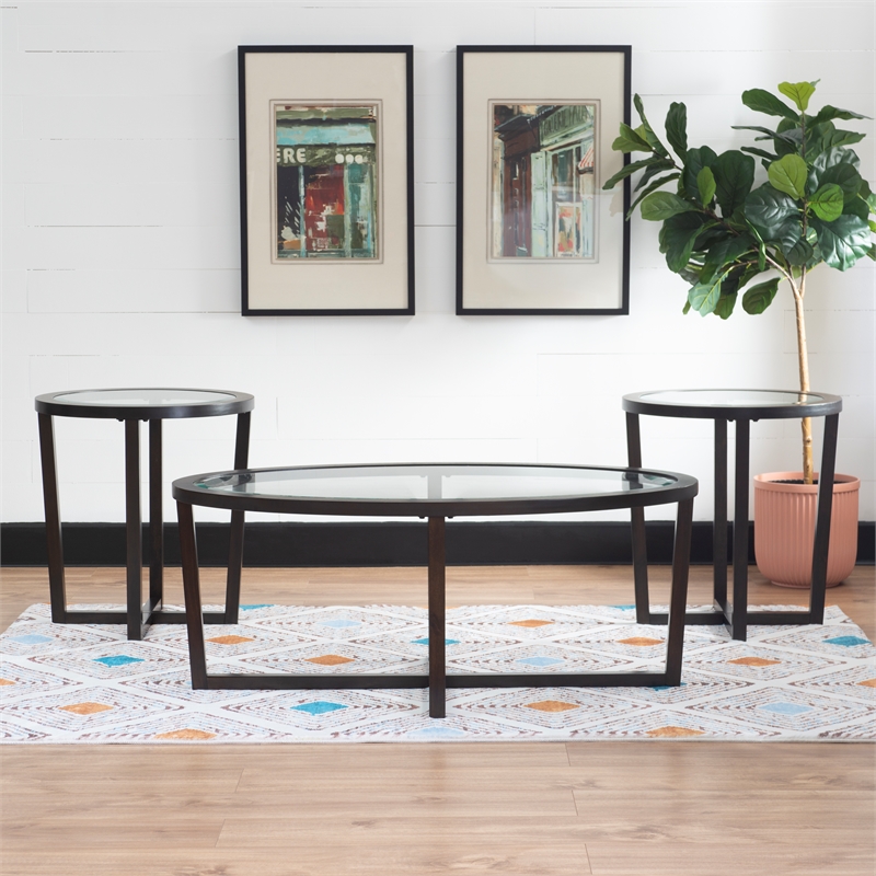 Hoesphere Furniture 3-Piece Wood Coffee & End Table Set with Glass Top in Brown