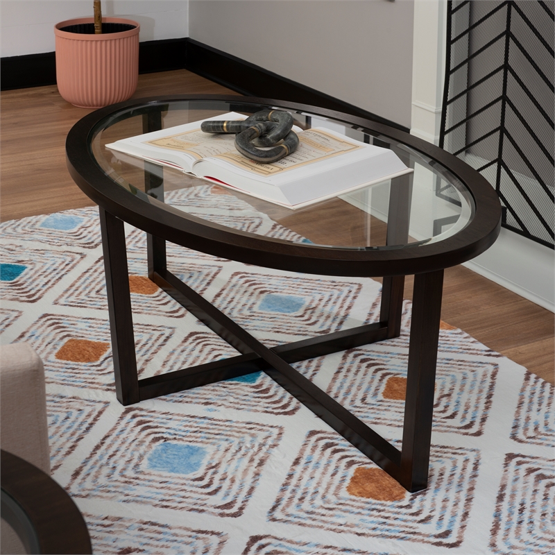 Hoesphere Furniture 3-Piece Wood Coffee & End Table Set with Glass Top in Brown