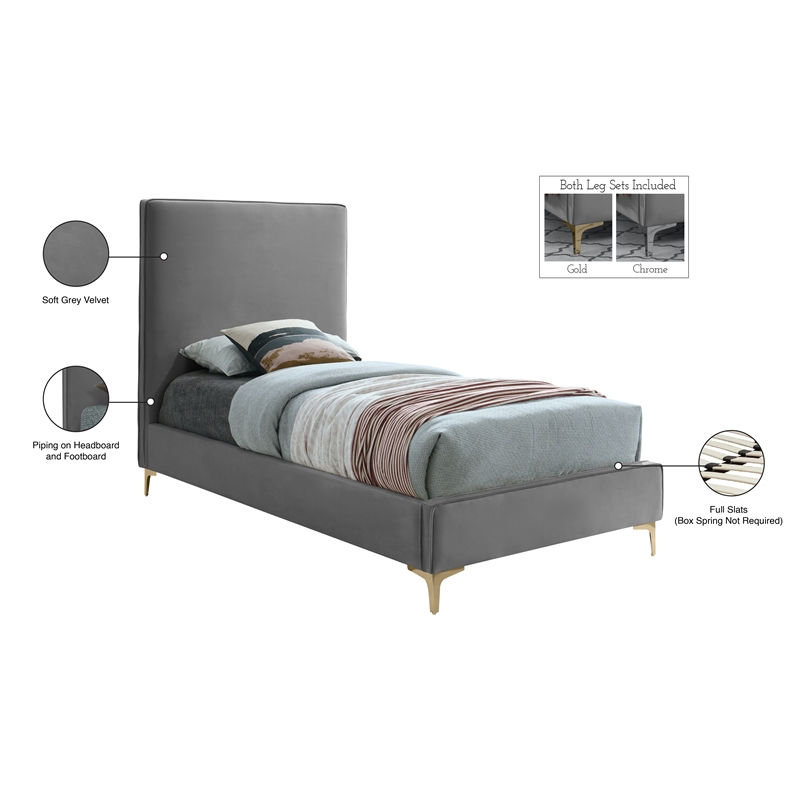 Homesphere Furniture Gray Velvet Twin Bed with Gold and Chrome Legs Included