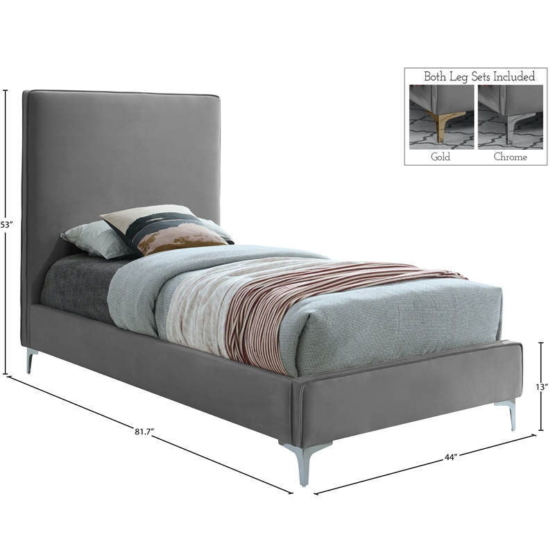 Homesphere Furniture Gray Velvet Twin Bed with Gold and Chrome Legs Included