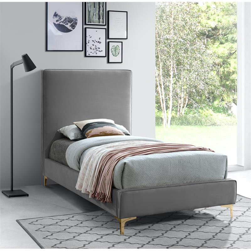 Homesphere Furniture Gray Velvet Twin Bed with Gold and Chrome Legs Included