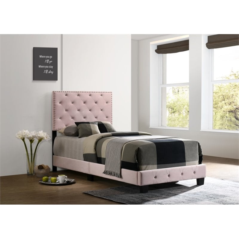 Homesphere Furniture Modern Velvet Upholstered Twin Bed in Pink