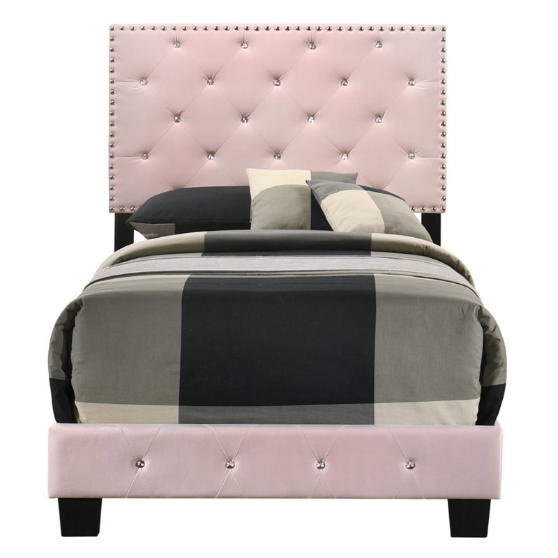 Homesphere Furniture Modern Velvet Upholstered Twin Bed in Pink