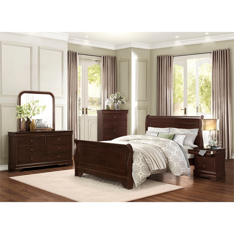 Homesphere Furniture Traditional Wood California King Sleigh Bed in Brown Cherry