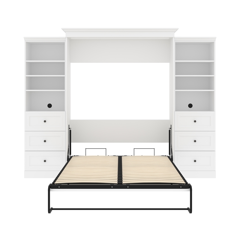 Homesphere Furniture Wood Queen Murphy Bed and 2 Organizers with Drawers - White