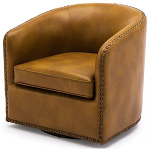 Homesphere Furniture Brown Faux Leather Swivel Arm Chair with Nailhead Trim
