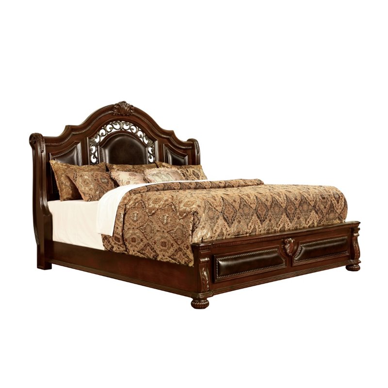Homesphere Furniture Solid Wood Panel King Bed in Brown Cherry