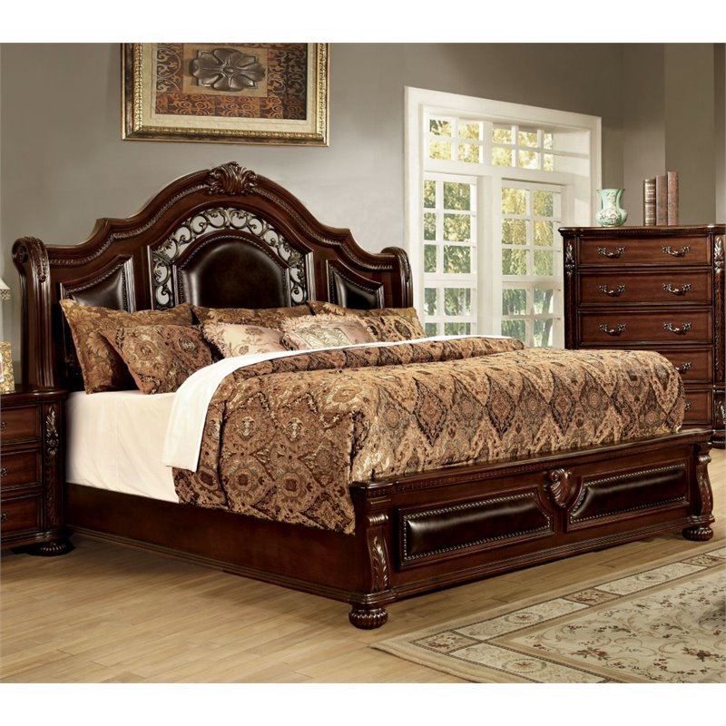 Homesphere Furniture Solid Wood Panel King Bed in Brown Cherry