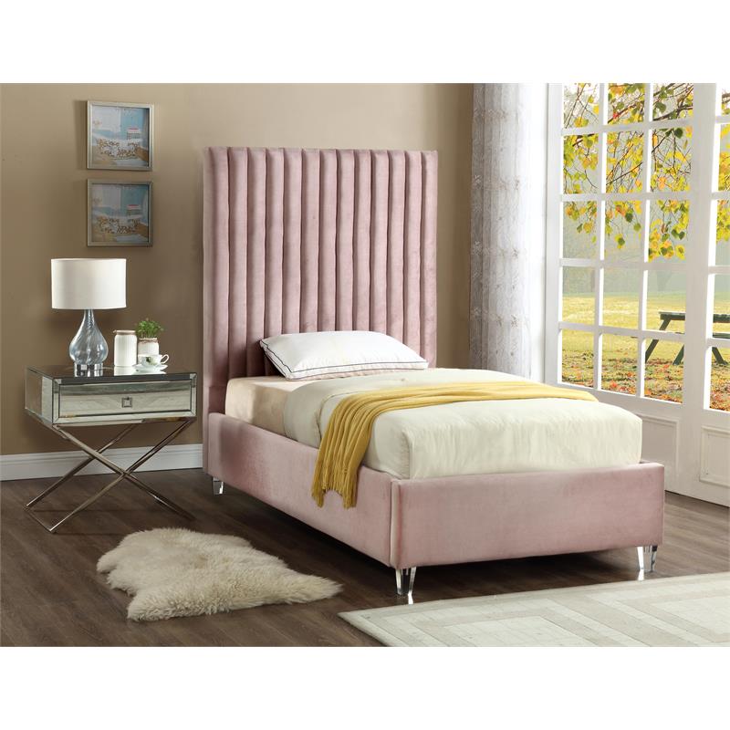 Homesphere Furniture Solid Wood Tufted Velvet Twin Bed in Pink