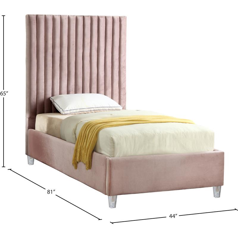 Homesphere Furniture Solid Wood Tufted Velvet Twin Bed in Pink