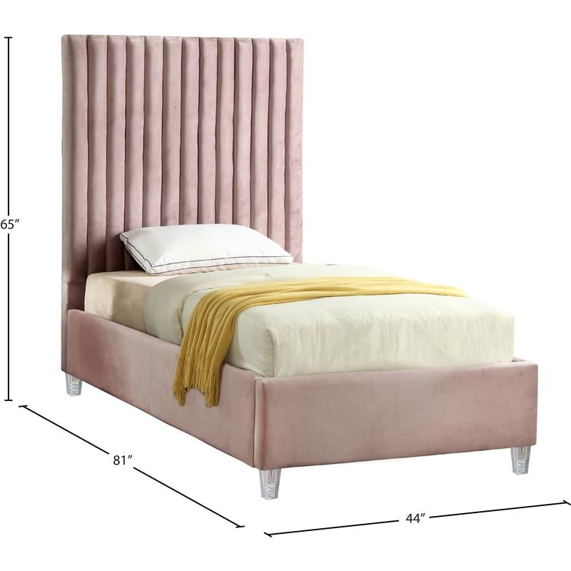 Homesphere Furniture Solid Wood Tufted Velvet Twin Bed in Pink