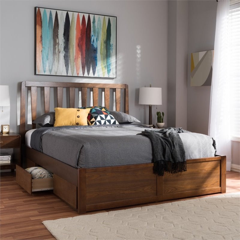Homesphere Furniture Queen Spindle Storage Platform Bed in Walnut