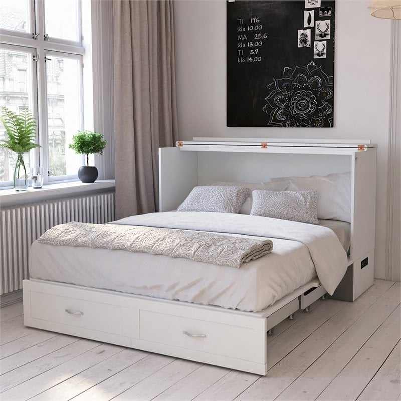 Homesphere Furniture Queen Wood Murphy Bed Chest with Built-In Charger - White