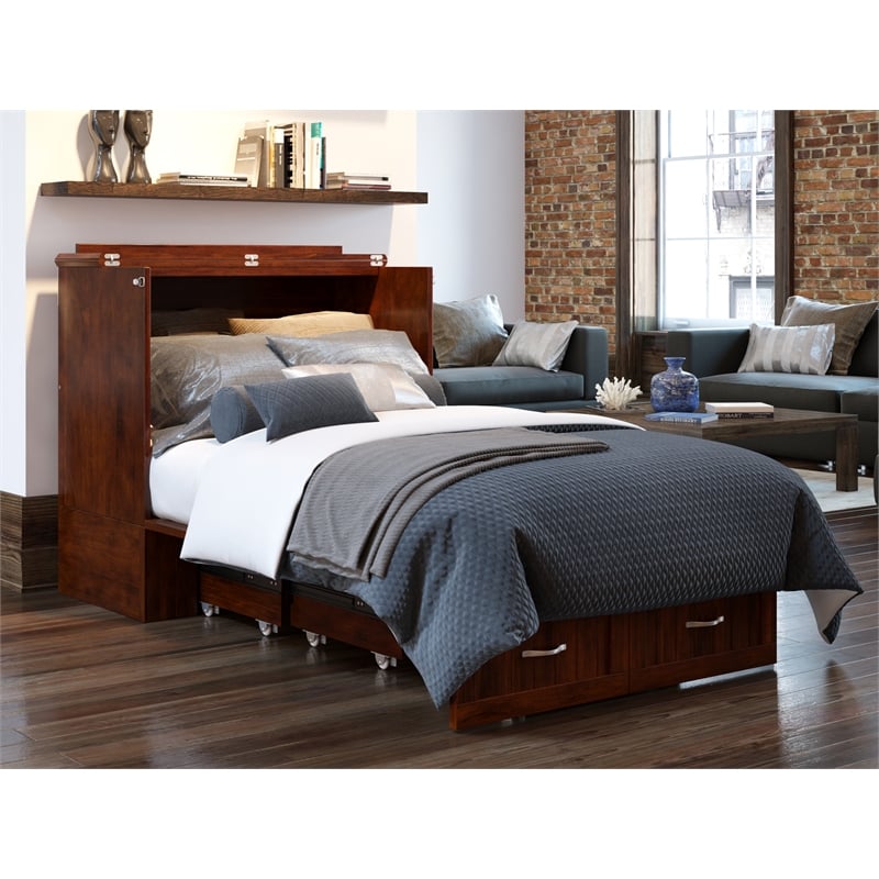 Homesphere Furniture Twin XL Murphy Bed Chest with Mattress in Walnut