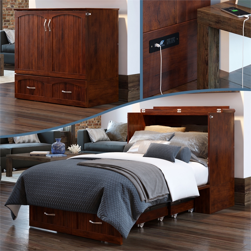 Homesphere Furniture Twin XL Murphy Bed Chest with Mattress in Walnut