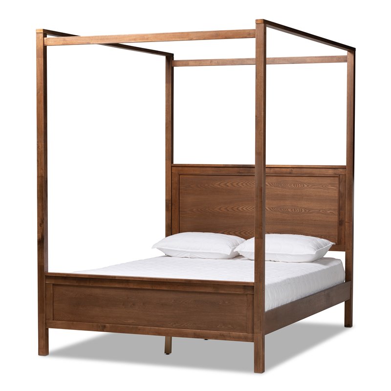 Homesphere Furniture Queen Size Walnut Finished Wood Platform Canopy Bed