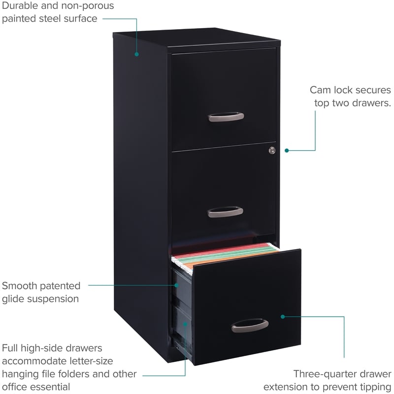 Homesphere Furniture Metal 3 Drawer Vertical File Cabinet with Lock Black