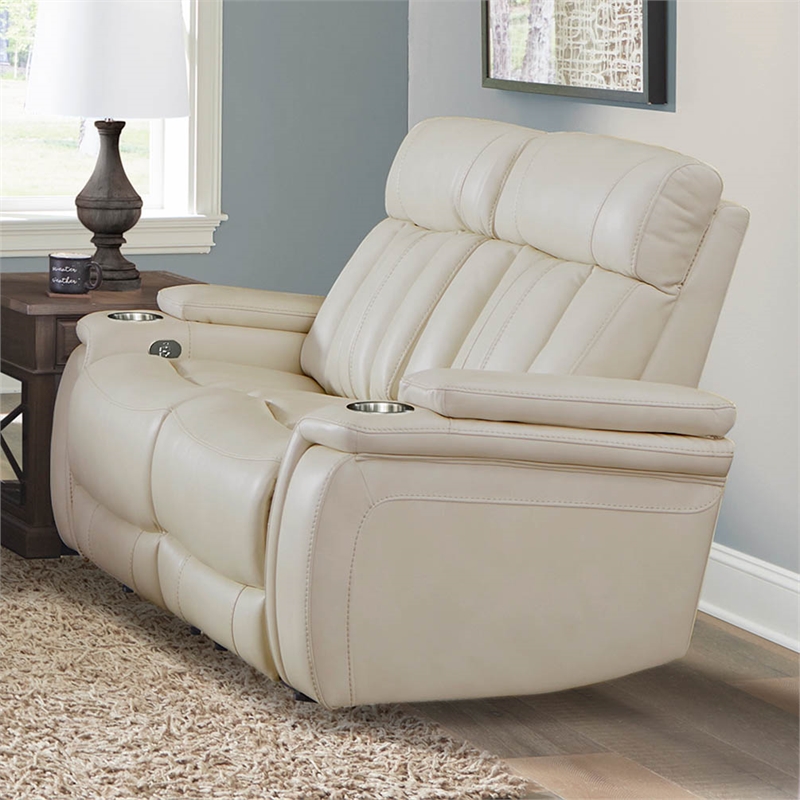 Parker Living Royce Leather Fabric Power Loveseat in Fantom Ivory White