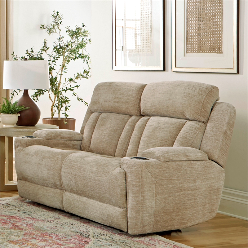 Parker Living Dalton Lucky Fawn Fabric Power Loveseat in Fossil Beige