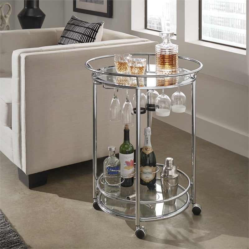 iNSPIRE Q Modern Metal & Glass Bar Cart with Wheels in Chrome/Clear