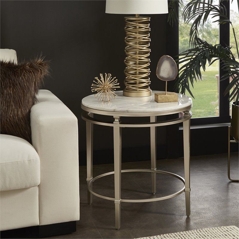 iNSPIRE Q Round Marble Top Modern Metal End Table in Champagne Silver