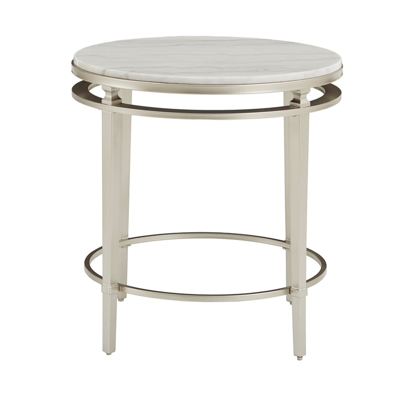 iNSPIRE Q Round Marble Top Modern Metal End Table in Champagne Silver