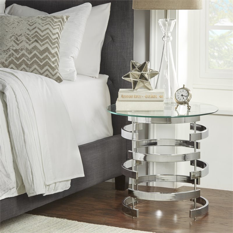 iNSPIRE Q Vortex Base Modern Metal & Glass End Table in Silver/Clear