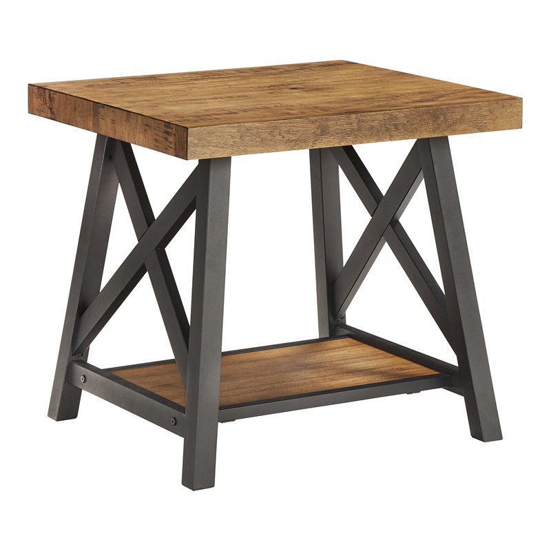iNSPIRE Q X-Cross Base Metal & Wood End Table in Oak Brown/Black