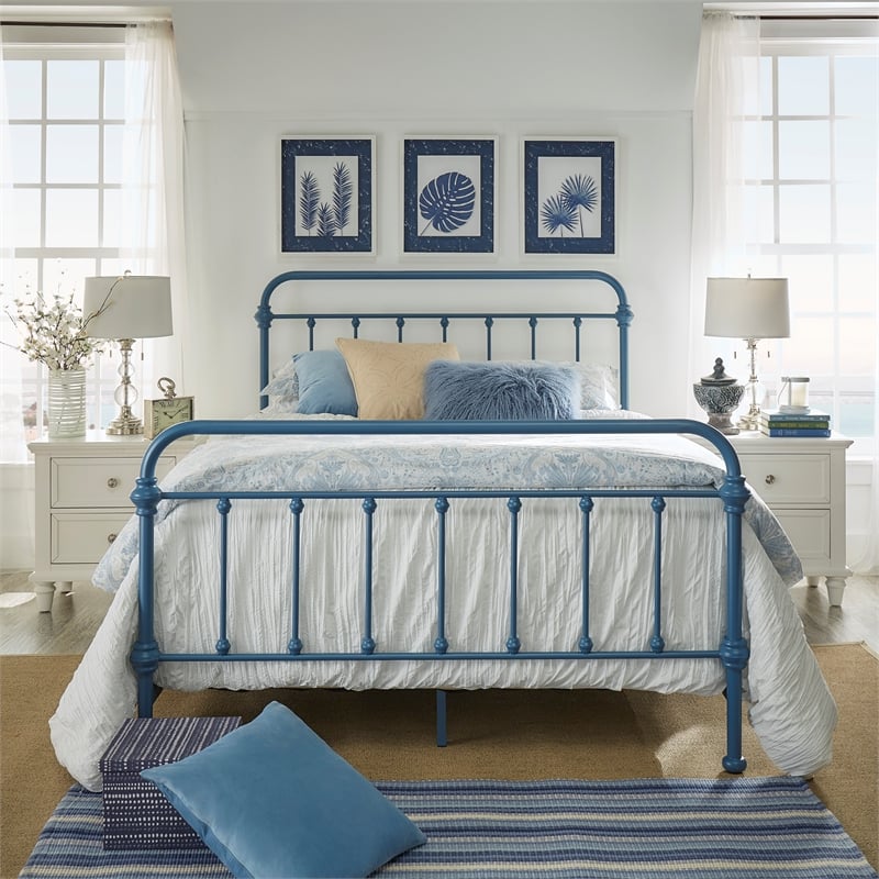 iNSPIRE Q Queen Size Antique Graceful Victorian Metal Bed in Blue Finish