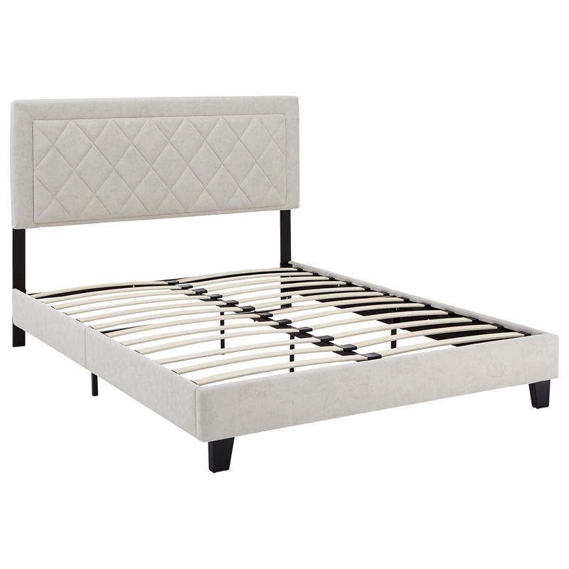 iNSPIRE Q Queen Size Metal Wood and Velvet Fabric Platform Bed in Cream White