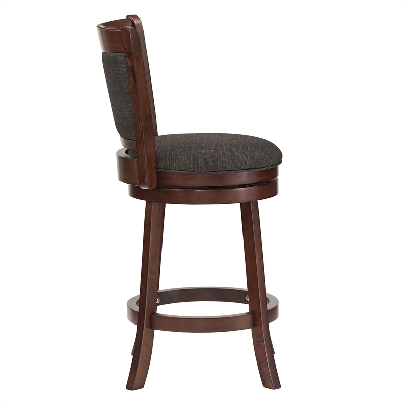 iNSPIRE Q Panel Back Linen Swivel Wood Counter Height Stool in Dark Grey/Cherry