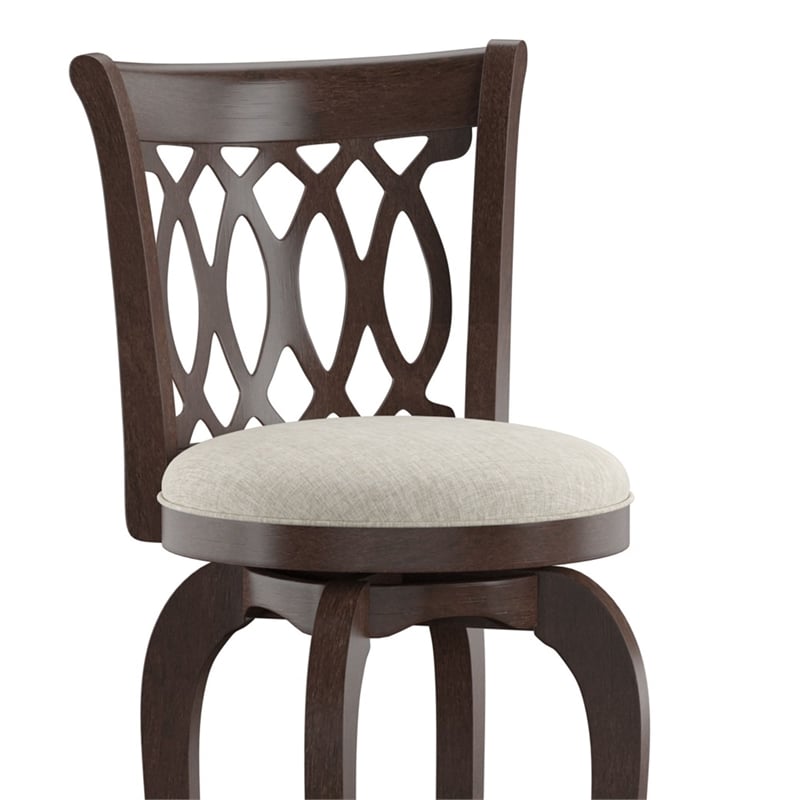 iNSPIRE Q Scroll Back Linen Swivel Wood Bar Stool in Beige/Cherry
